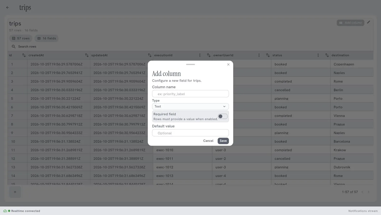 The window Add column: Column name, Type, the switch Required field, Default value, and the buttons Cancel and Save