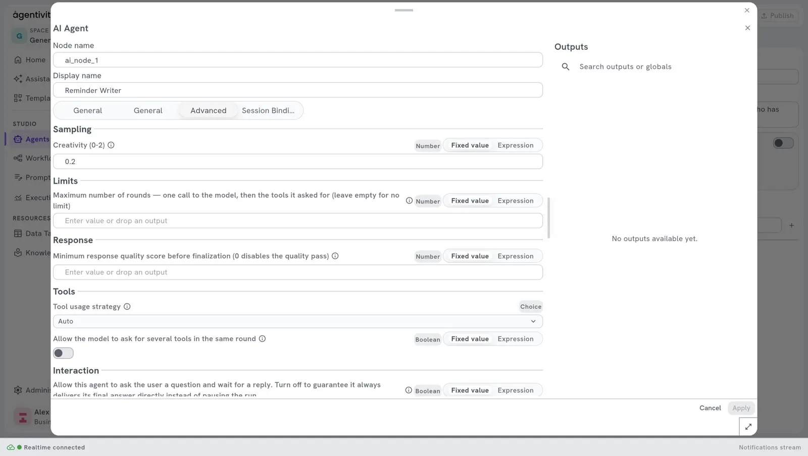 The window of the AI Agent node, tab Advanced: Creativity, the limits, the tool settings, and at the bottom the setting Interaction