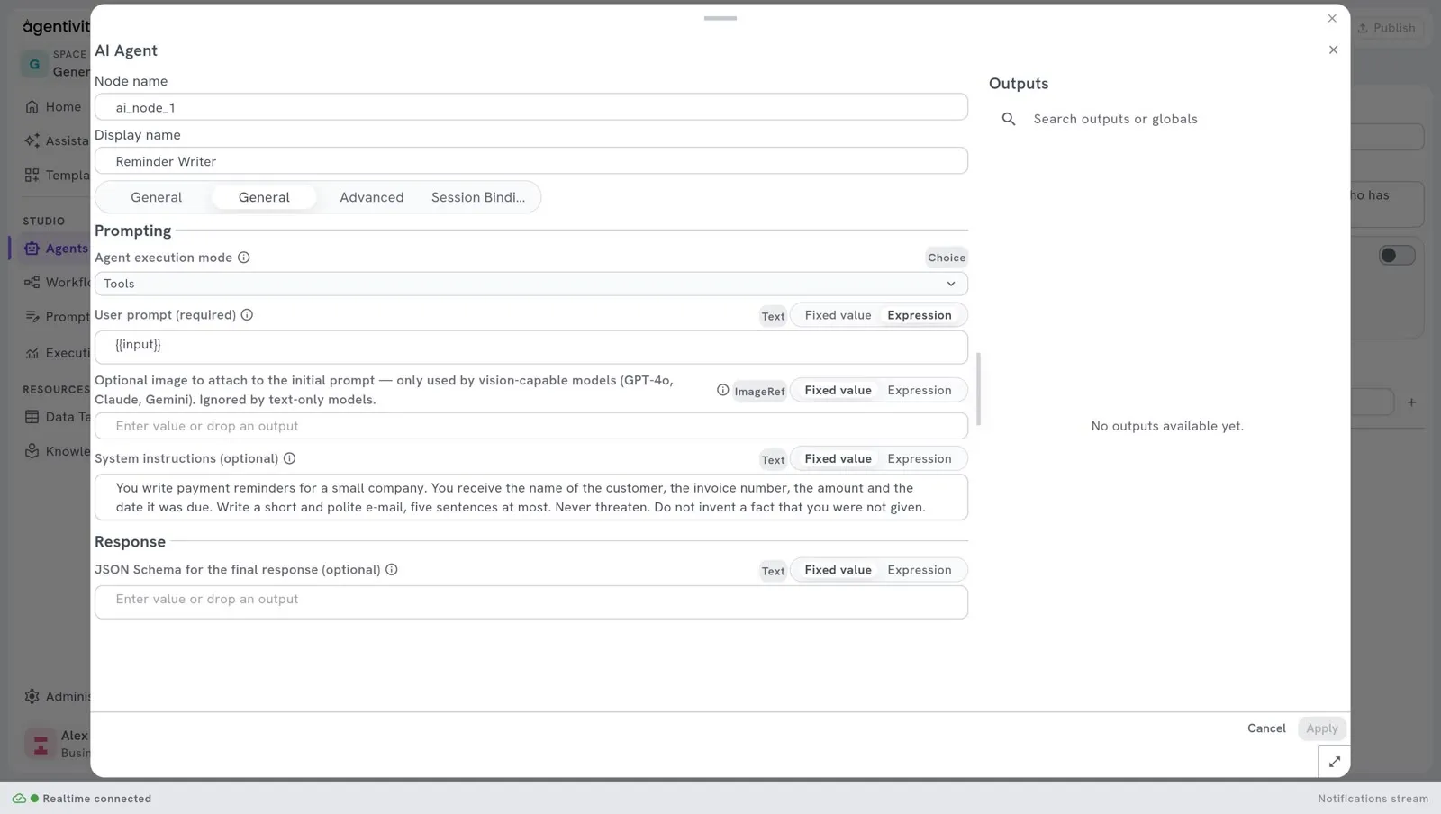 The window of the AI Agent node, tab General: the execution mode, the user prompt, and the field System instructions filled in