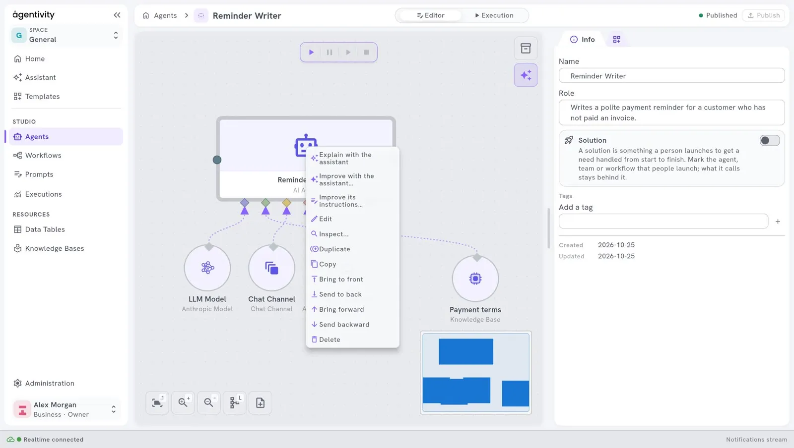 The menu of the AI Agent node: Explain with the assistant, Improve with the assistant, Improve its instructions, Edit, Inspect, Duplicate, Copy and Delete