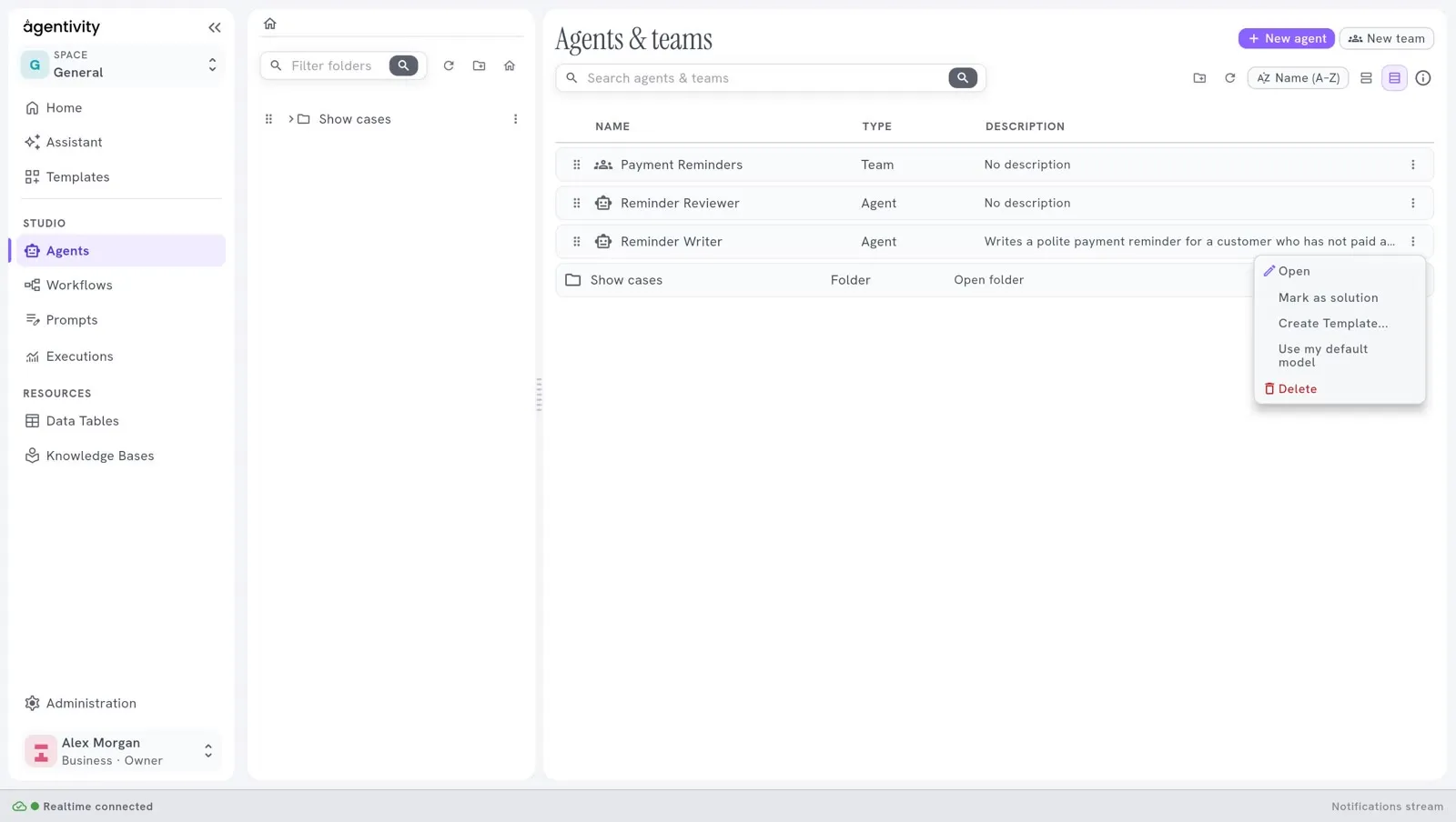 The list of agents and teams, with the menu of one line open: Open, Mark as solution, Create Template, Use my default model and Delete