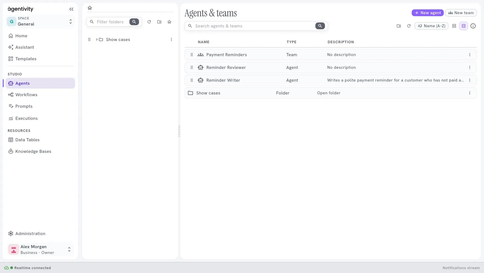 The list of agents and teams: the title and the buttons New agent and New team on the first row, the search field and the tools on the second, and one line per agent or team with its type and its description