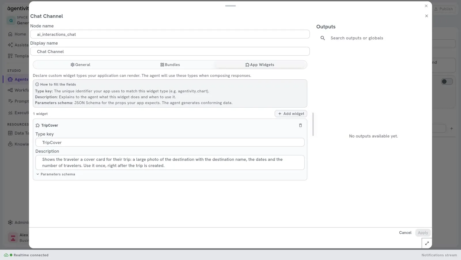 The window Chat Channel, tab App Widgets: the widget TripCover, declared on the agent Trip Manager, with its type key, its description and its parameters schema, and the button Add widget