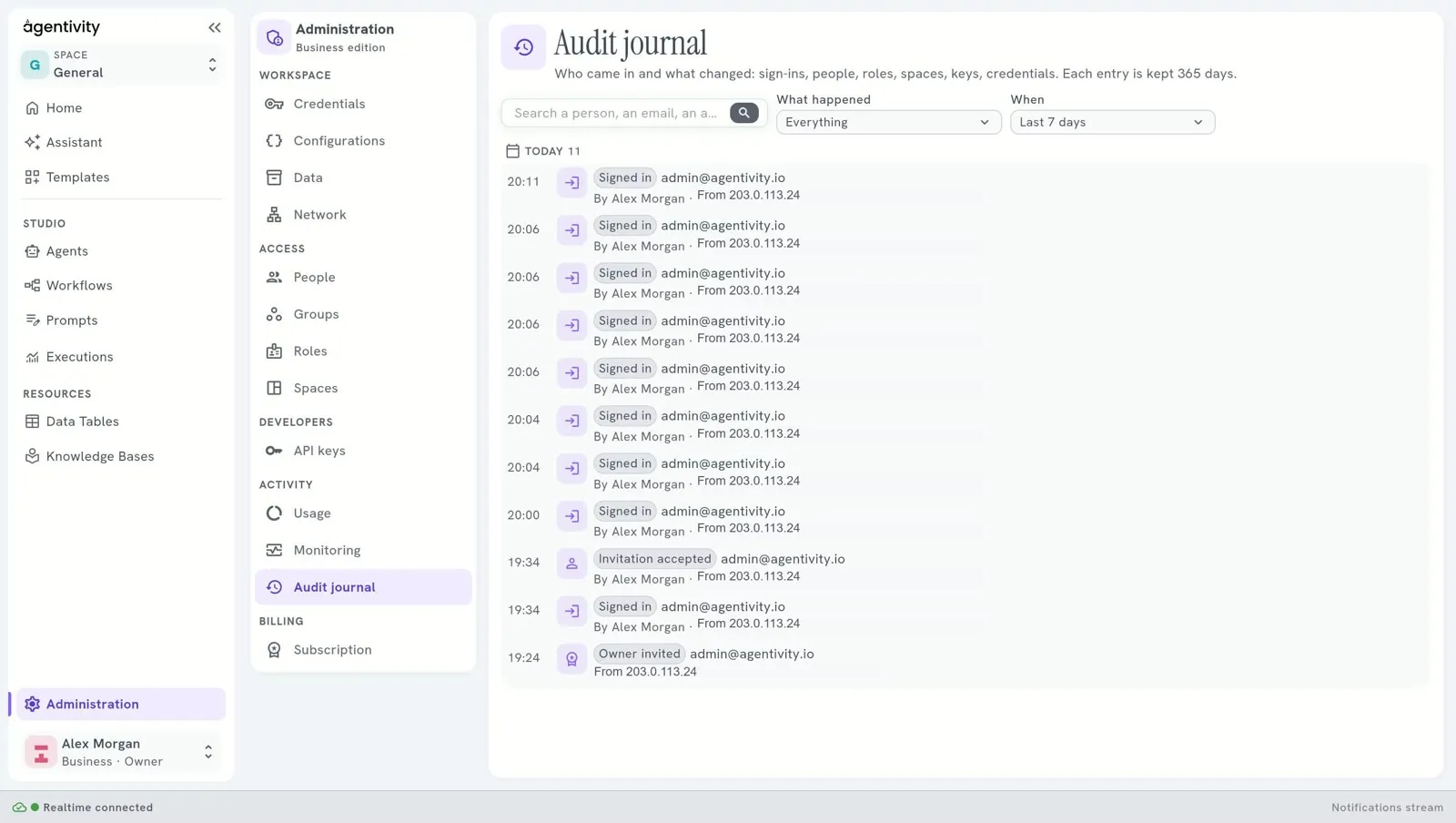 The Audit journal pane, with its search and its filters