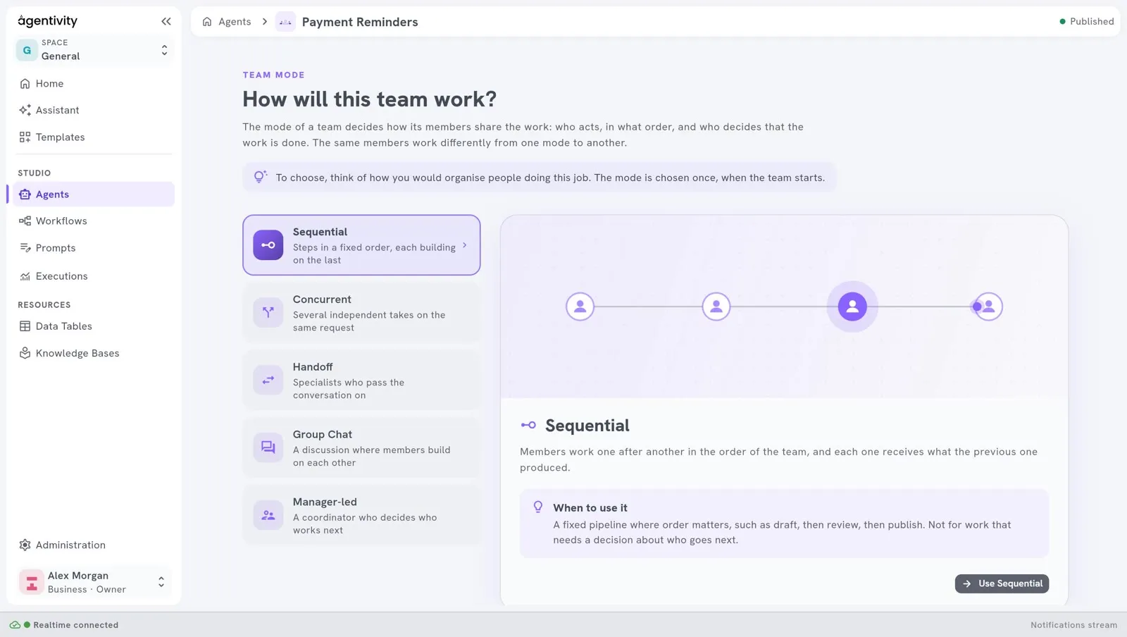 The screen "How will this team work?": the five modes in a list on the left (Sequential, Concurrent, Handoff, Group Chat and Manager-led), and on the right a picture of the selected one, what it means, when to use it, and the button Use Sequential