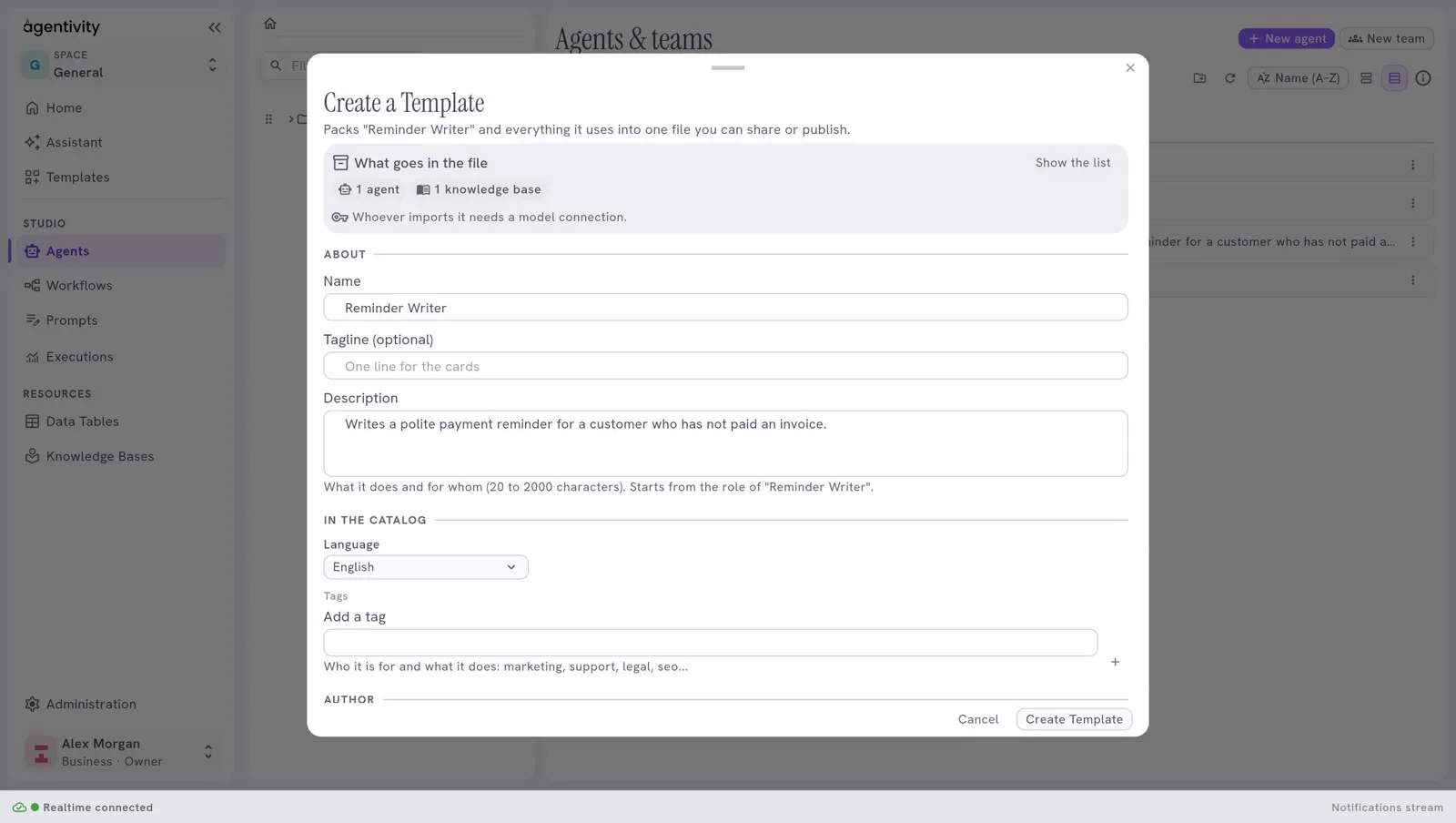 The window Create a Template: the box "What goes in the file" (here 1 agent and 1 knowledge base, with Show the list), then About with the name, the tagline and the description, In the catalog with the language and the tags, and the buttons Cancel and Create Template
