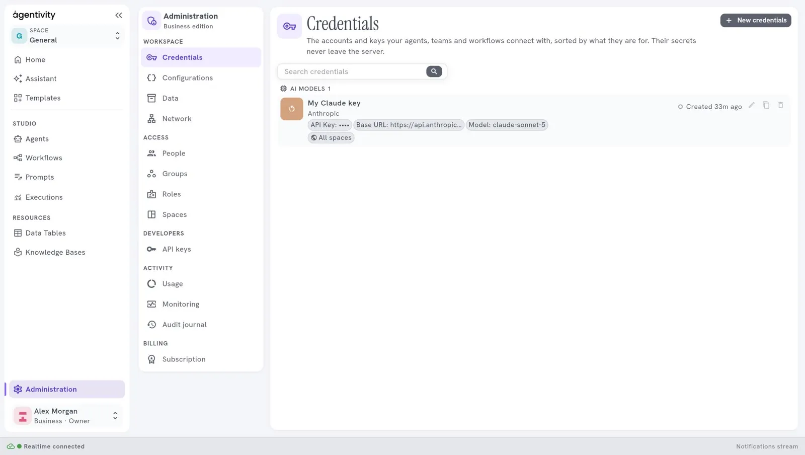 The screen Credentials, with one connection to an AI model: its name, its provider, and its key shown as dots