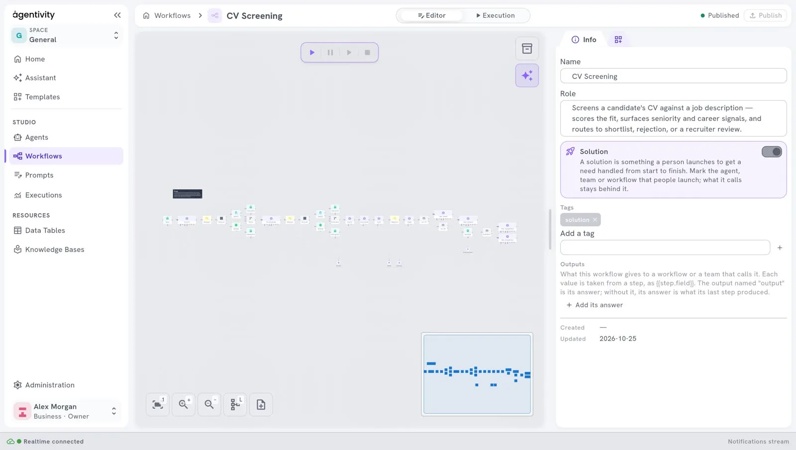 The workflow CV Screening in its editor, seen as a whole: a long chain of steps from left to right, with branches