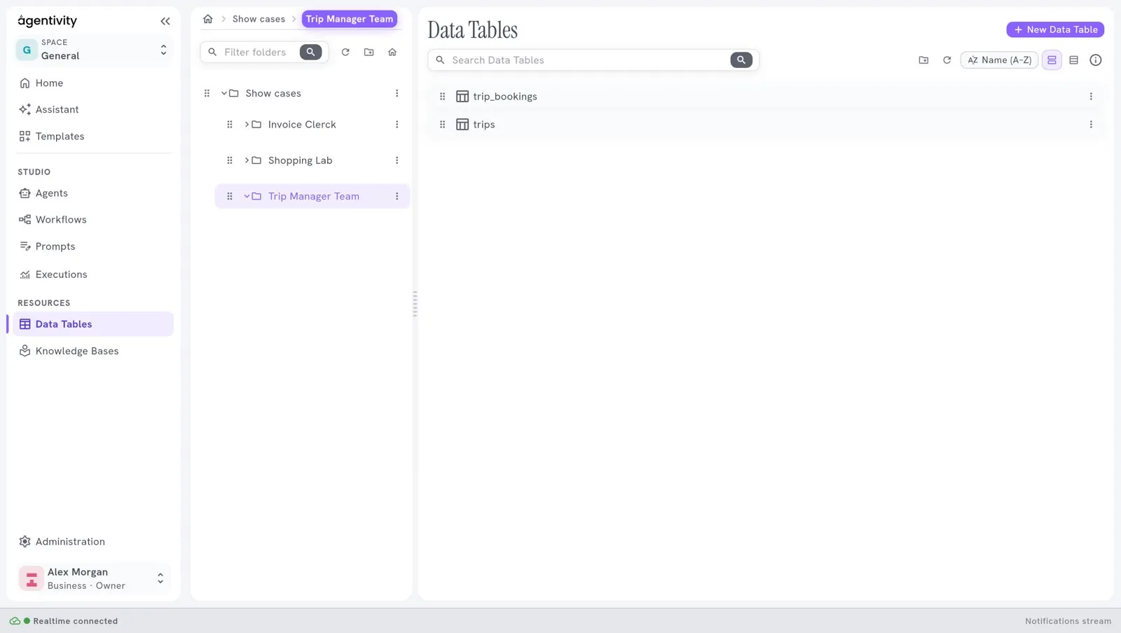 The screen Data Tables: a search field, the button New Data Table, and one line per table