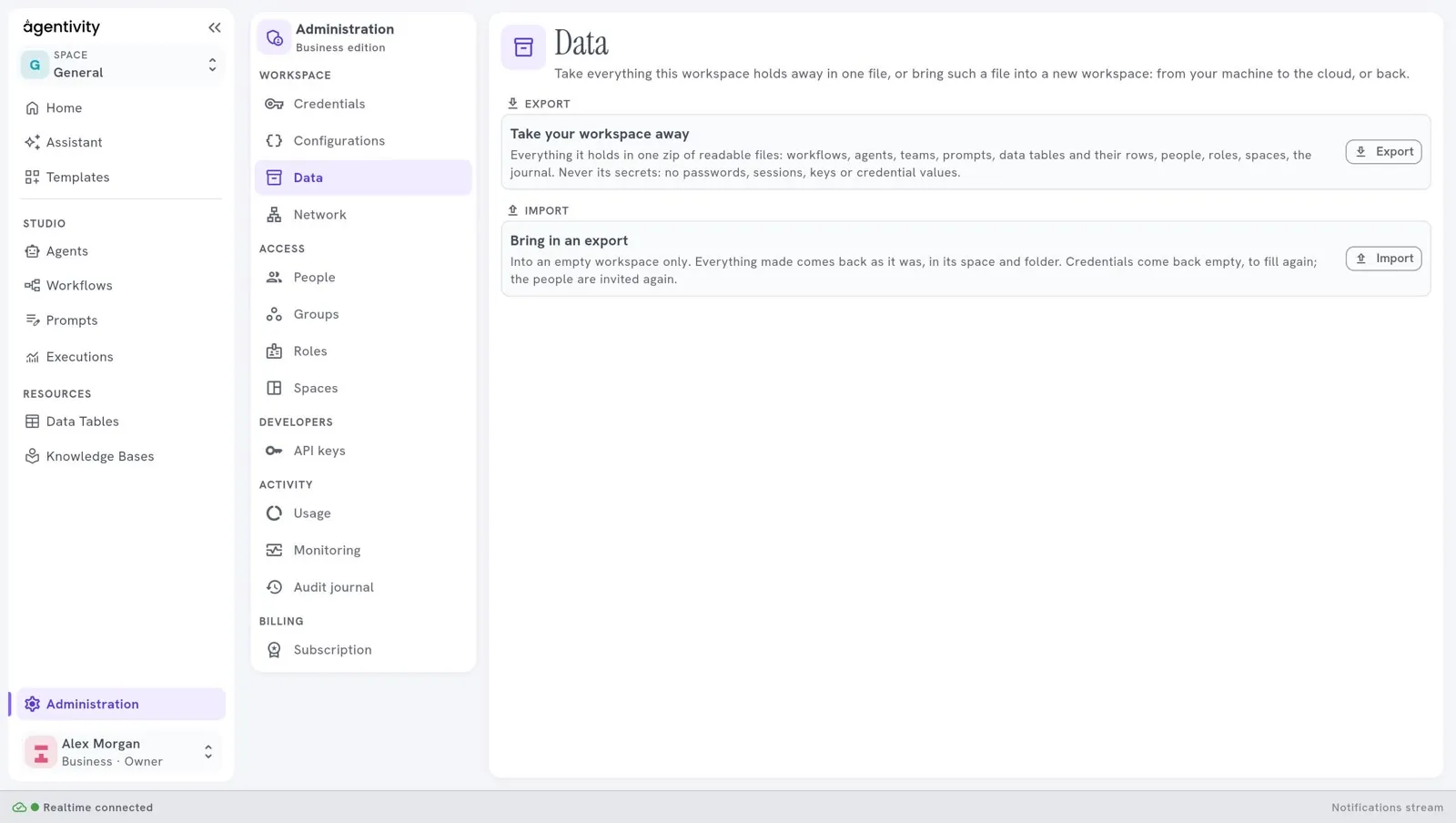 The Data pane with Export and Import