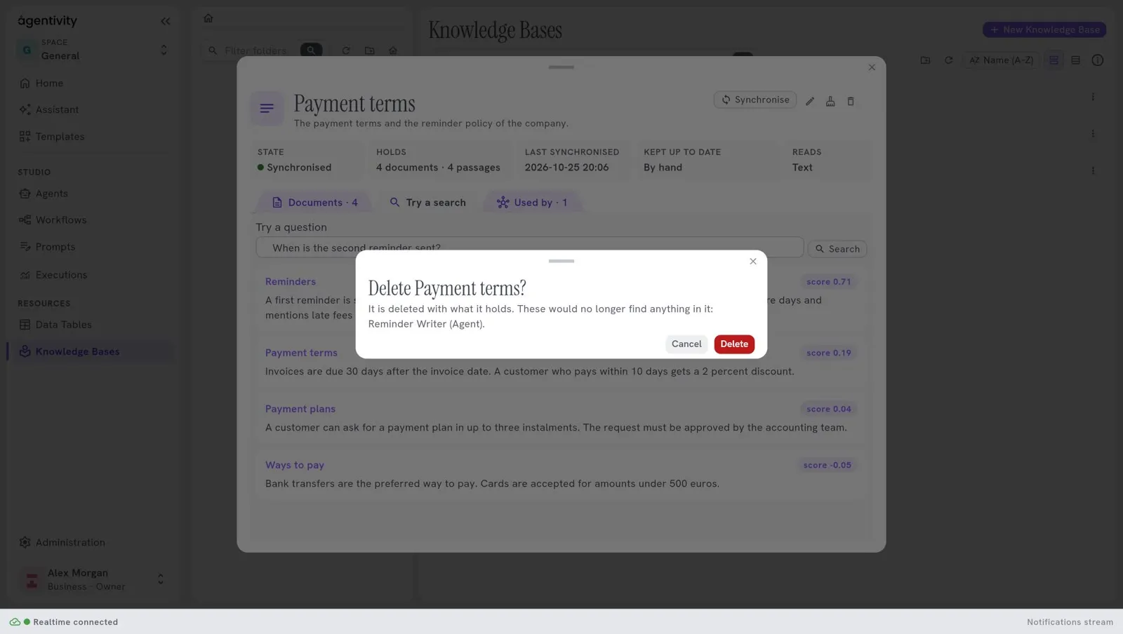 The window "Delete Payment terms?", which names the agents that would no longer find anything in it.