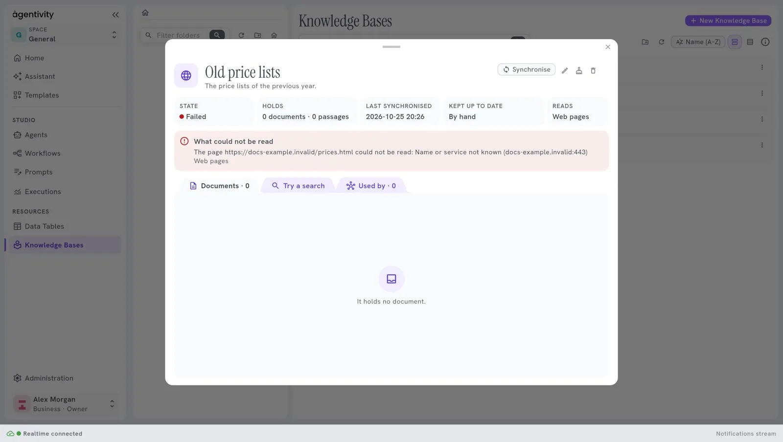 The window of a base in the state Failed: a red frame What could not be read says why, and the base holds no document.