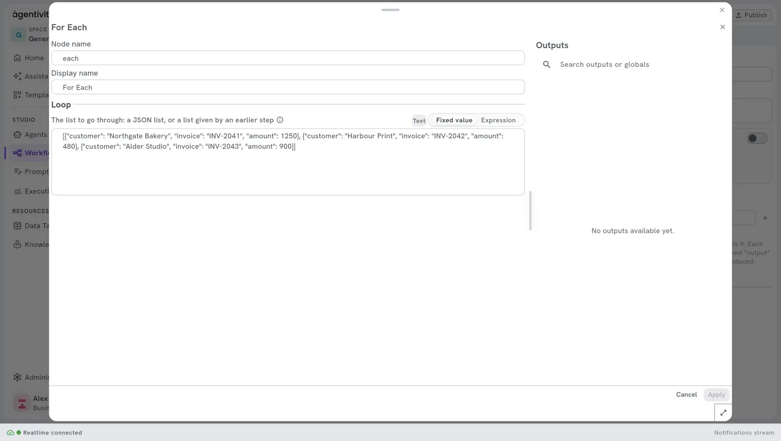 The window For Each: the node name each, and in the group Loop a list of three invoices, each with a customer, an invoice number and an amount