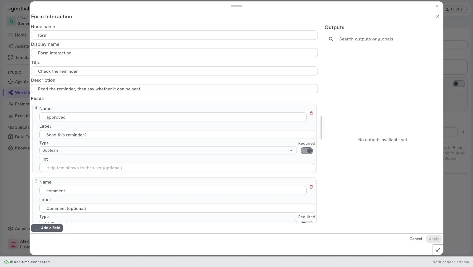 The window of the Form Interaction node: the title, the description, and under Fields one block for each field, with its Name, its Label, its Type, the switch Required and its Hint, and the button Add a field