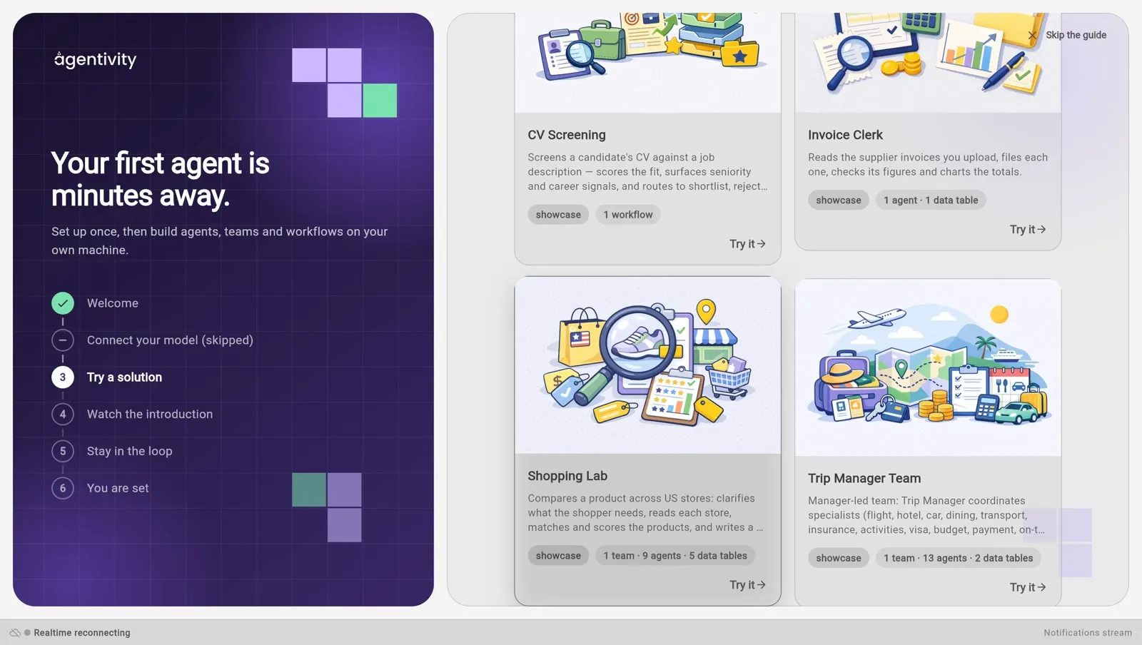 L'étape 2 du guide de bienvenue, Try a first solution : les cartes CV Screening, Invoice Clerk, Shopping Lab et Trip Manager Team, chacune avec son contenu et un lien Try it