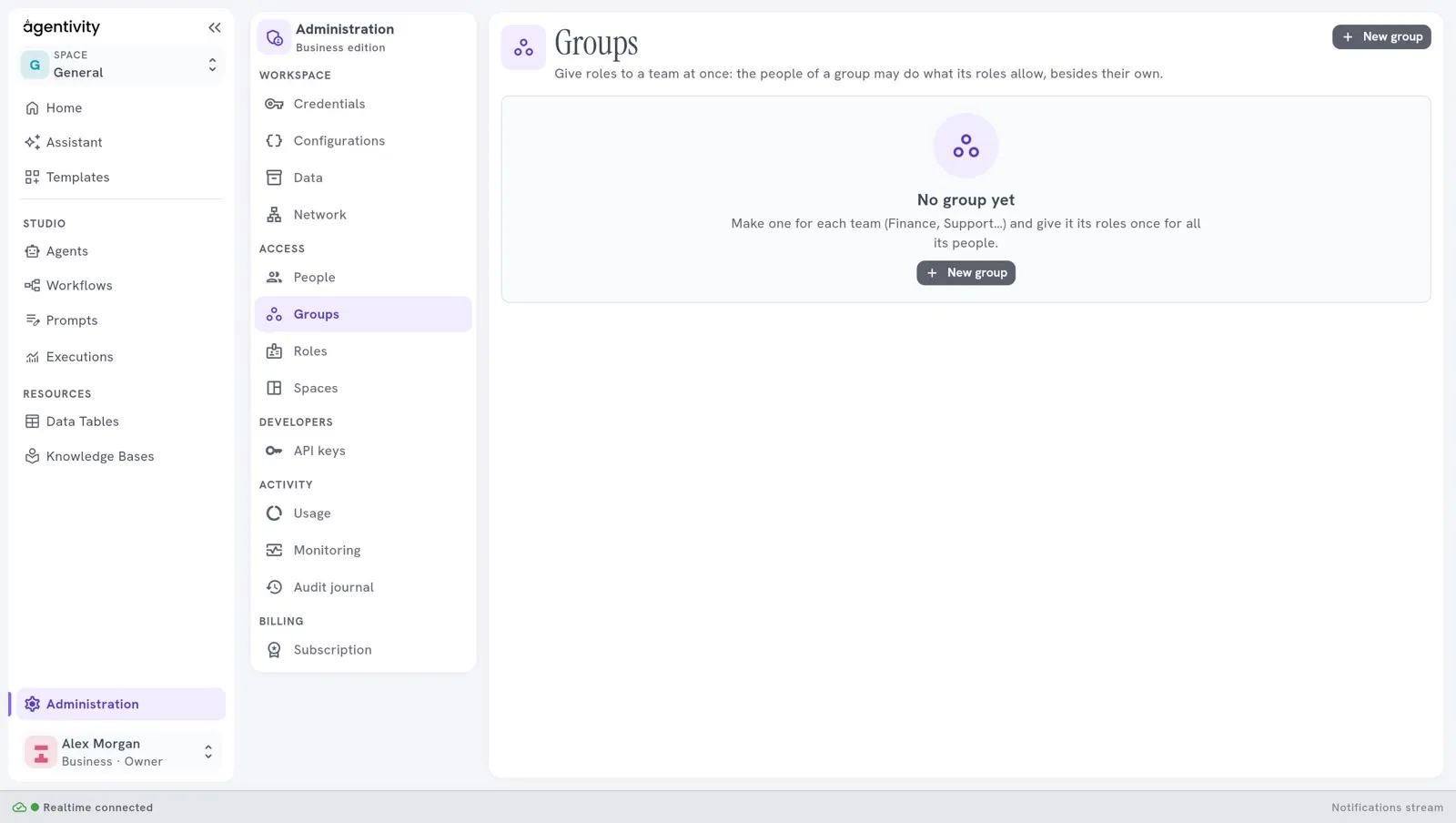 The Groups pane, empty, with the button New group