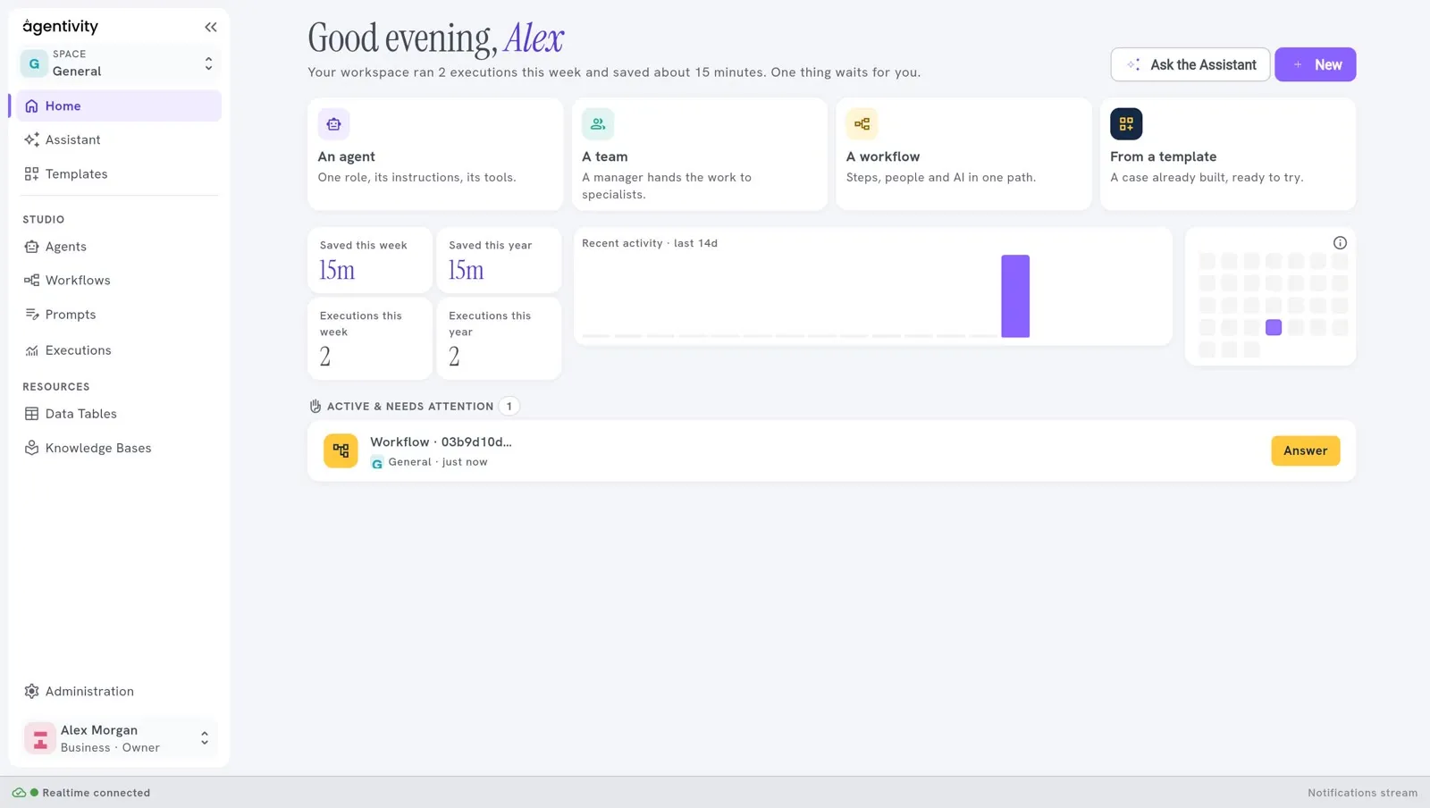 The Home page of the Studio: the greeting, the buttons Ask the Assistant and New, four cards, the counters, the recent activity and the block Active and needs attention with one execution that waits for an answer