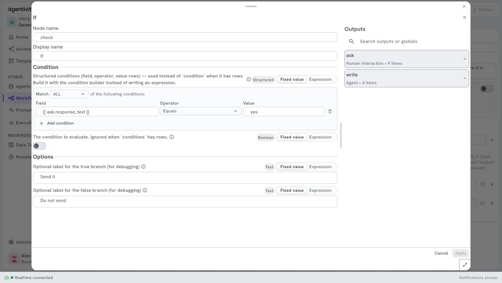 The window of the If node: one condition row, with the answer of the person as Field, Equals as Operator and yes as Value; on the right, the panel Outputs lists the outputs of the step Human Interaction