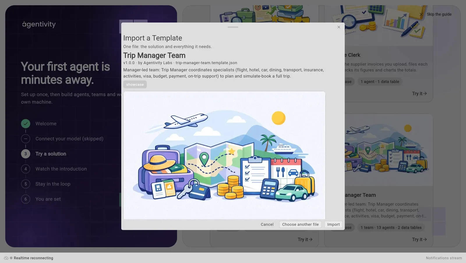 La fenêtre Import a Template pour Trip Manager Team : sa version et son auteur, sa description, son image, et les boutons Cancel, Choose another file et Import