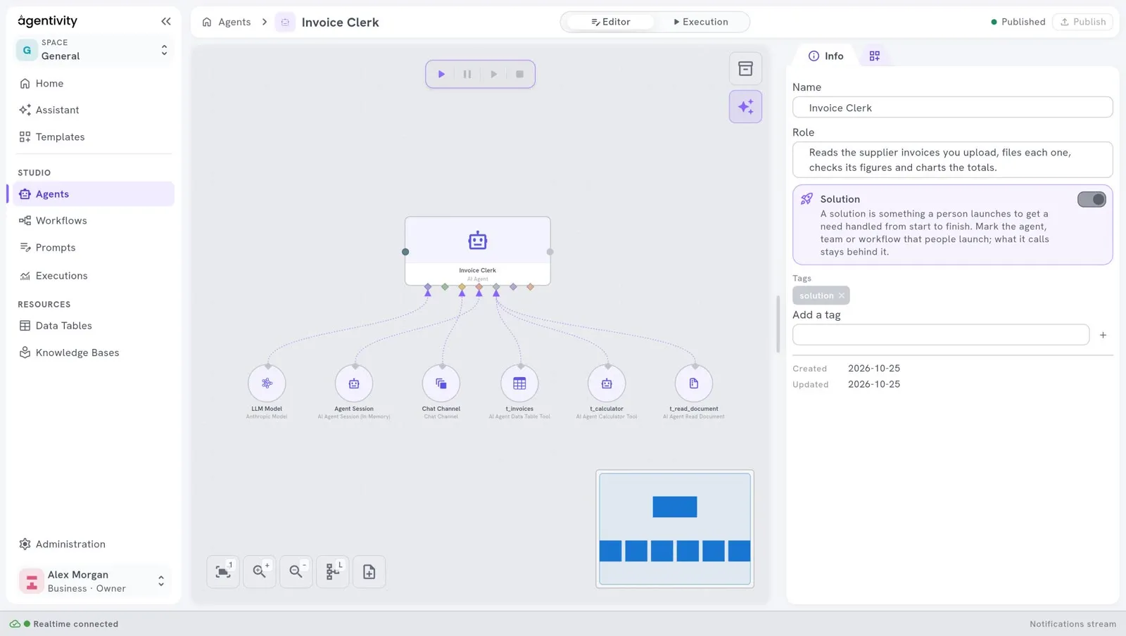 The agent Invoice Clerk in its editor: the agent, and plugged into it a model, a Chat Channel, an Agent Session, a Data Table tool, a Calculator tool and a Read Document tool