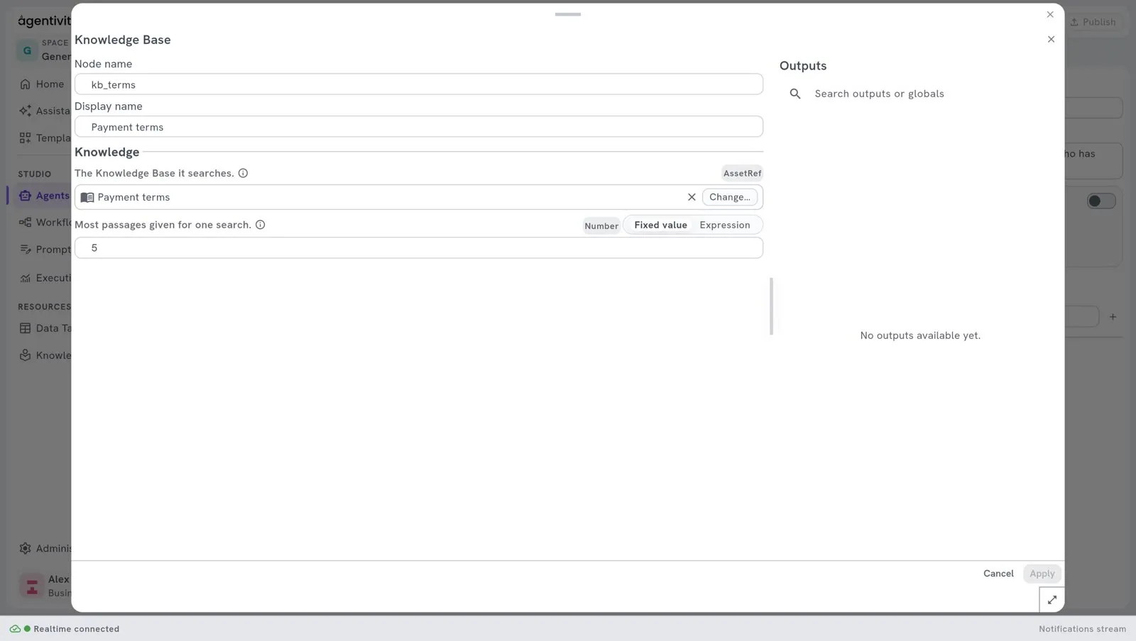 The window of the step Knowledge Base: the base it searches, with a Change button, and the most passages given for one search, 5.