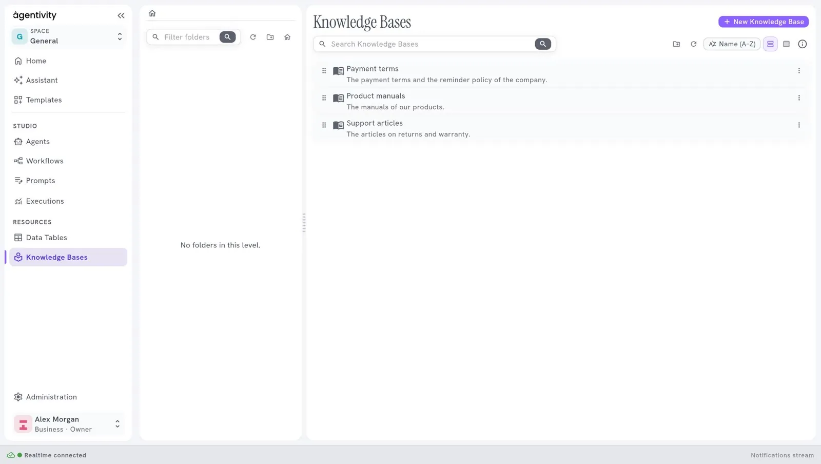 The list Resources > Knowledge Bases: three bases, each with its name and what it holds, the search field, the tools, the New Knowledge Base button and a folder column on the left.