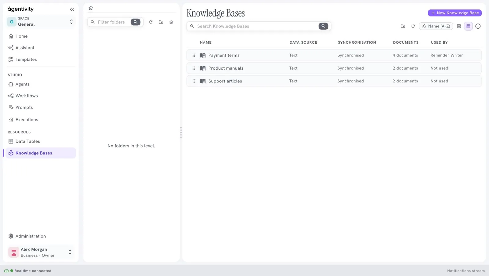 The same list in the table view: the columns Name, Data source, Synchronisation, Documents and Used by.
