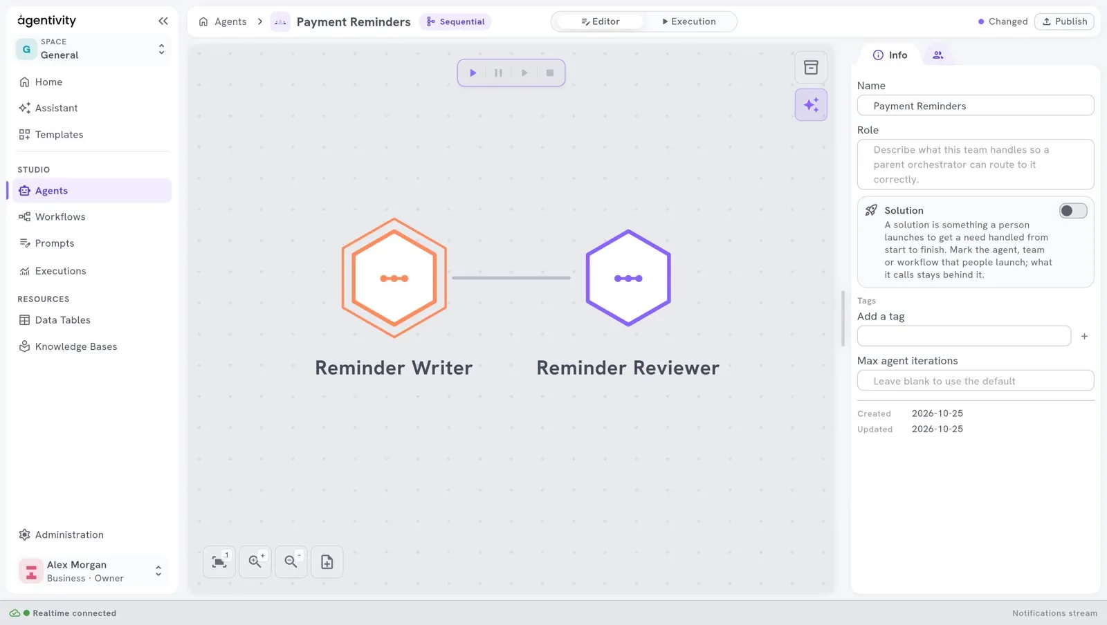 The team on the canvas: the hexagon of Reminder Writer is orange, the colour of its group, and the hexagon of Reminder Reviewer keeps the default colour