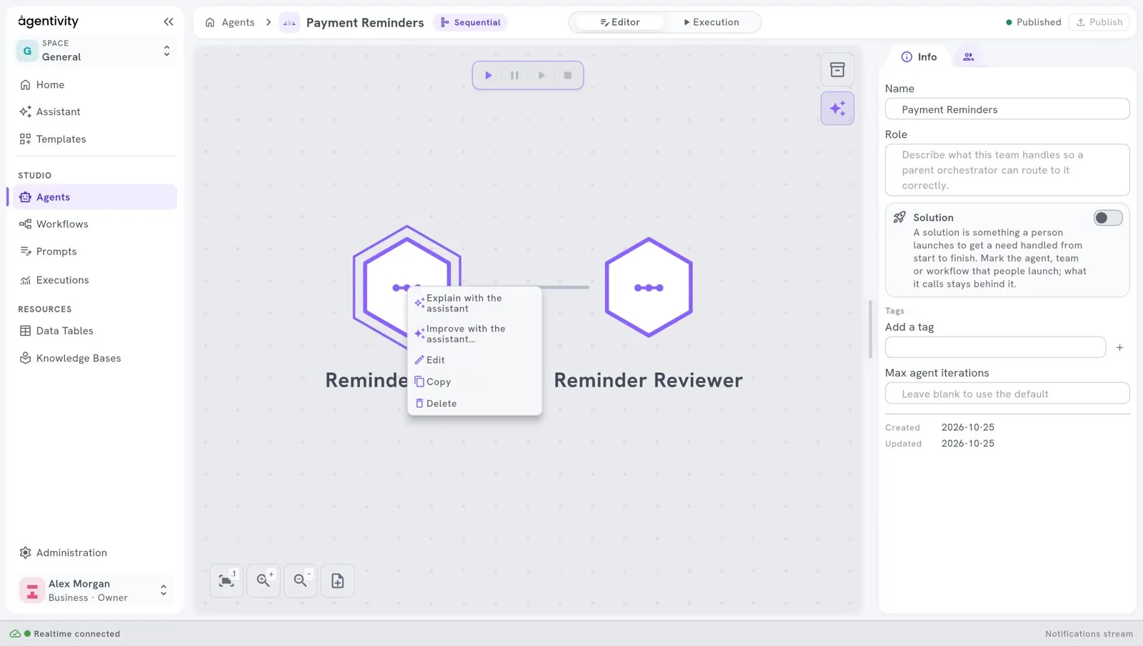 The menu of a team member, opened with a right-click on its hexagon: Explain with the assistant, Improve with the assistant, Edit, Copy and Delete