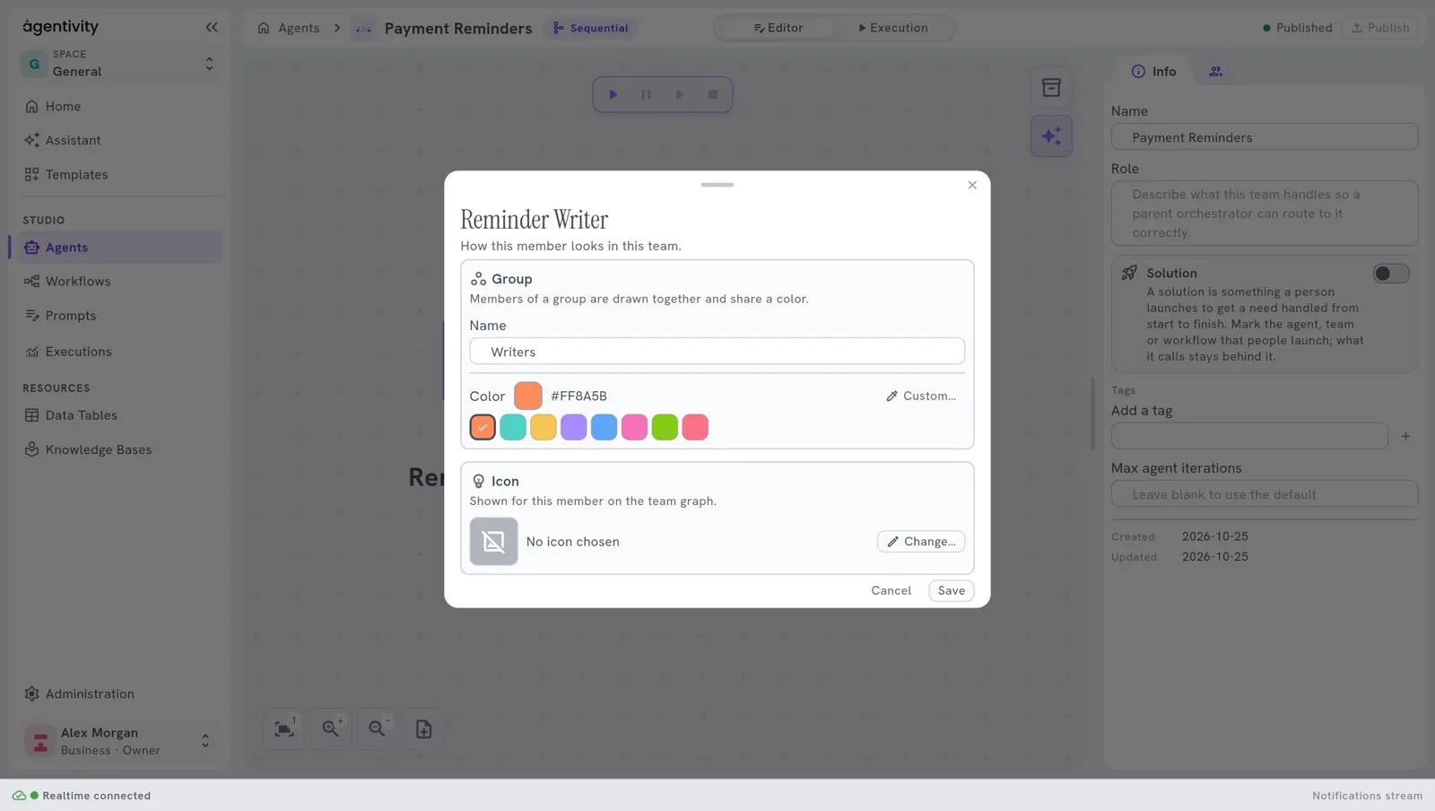 The window of the member Reminder Writer: under Group, the name Writers and a row of colours with the colour chosen; under Icon, the button Change