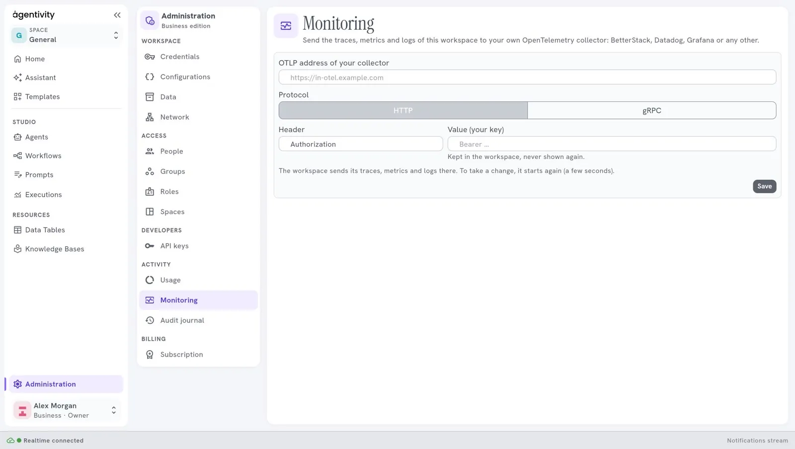 The Monitoring pane with the address, the protocol and the key of your collector