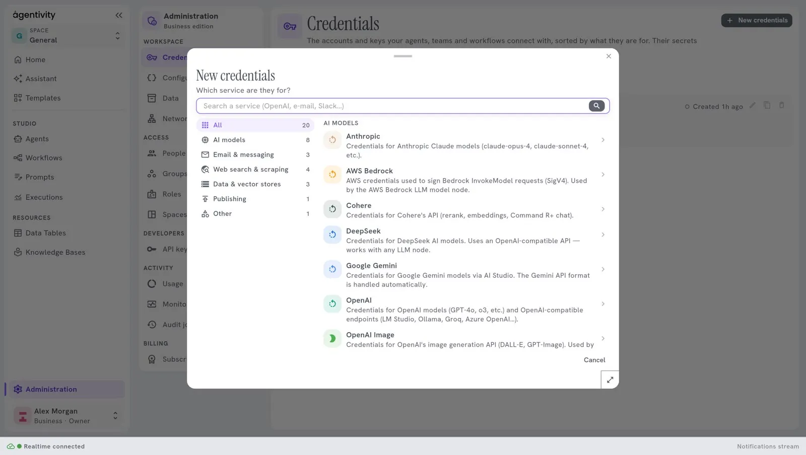 The window New credentials, "Which service are they for?": a search field, the kinds of services on the left (All, AI models, Email & messaging, Web search & scraping, Data & vector stores, Publishing, Other), and the list of services on the right