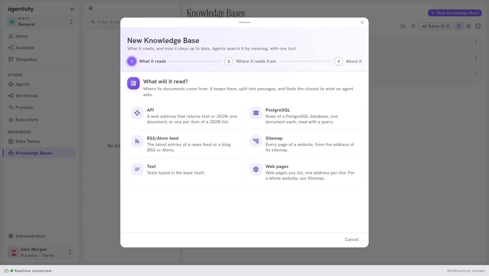 The window New Knowledge Base, step 1, "What will it read?": one card for each kind of source offered by a hosted workspace (API, PostgreSQL, RSS/Atom feed, Sitemap, Text, Web pages), each with a line that says what it reads.