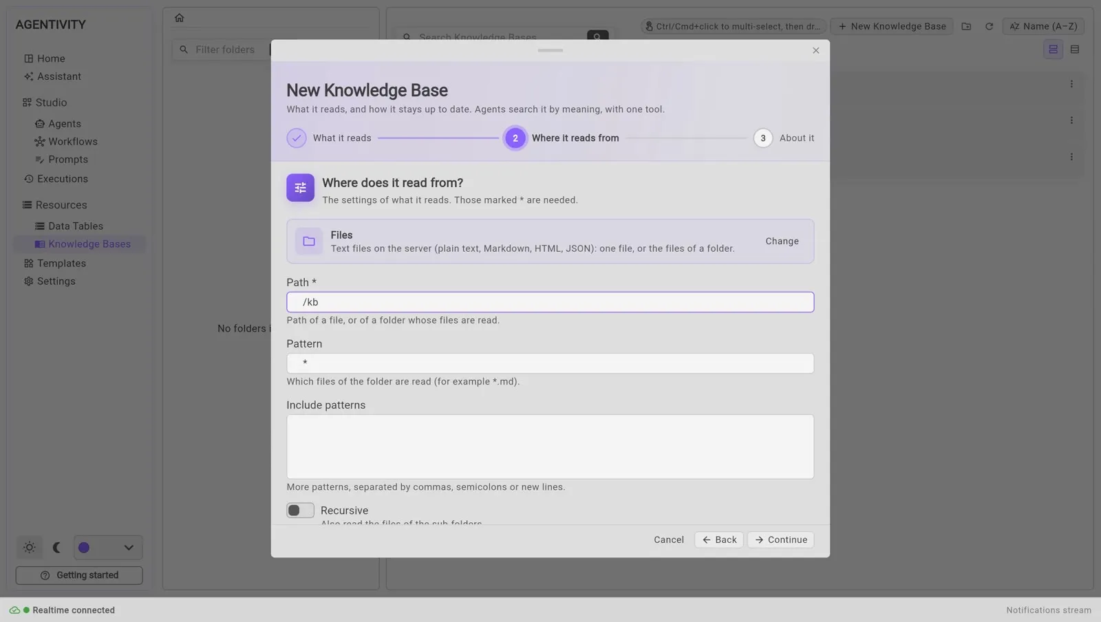 Step 2 of the window for the kind Files: the fields Path, Pattern, Include patterns and the switch Recursive.