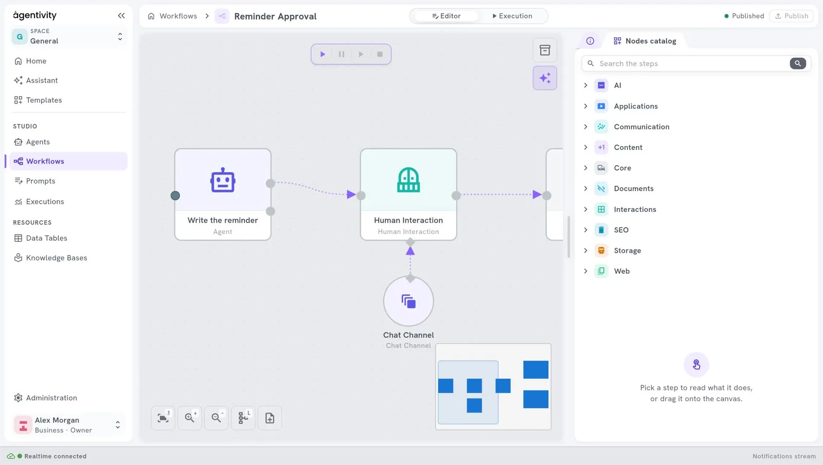 The editor of a workflow, with the Nodes catalog open on the right: the categories AI, Applications, Communication, Content, Core, Documents, Interactions, SEO, Storage and Web, and a search field