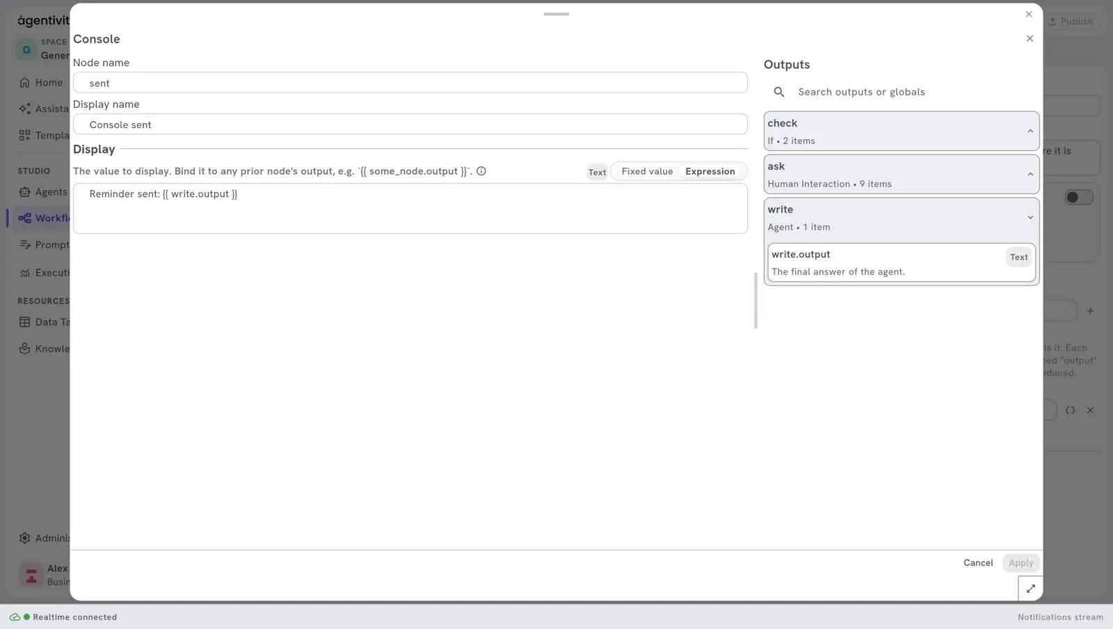 The panel Outputs in the window of a Console step: the step write, an Agent, with four items: write.amount (number), write.body (text), write.output (Text) and write.subject (text), each with its description