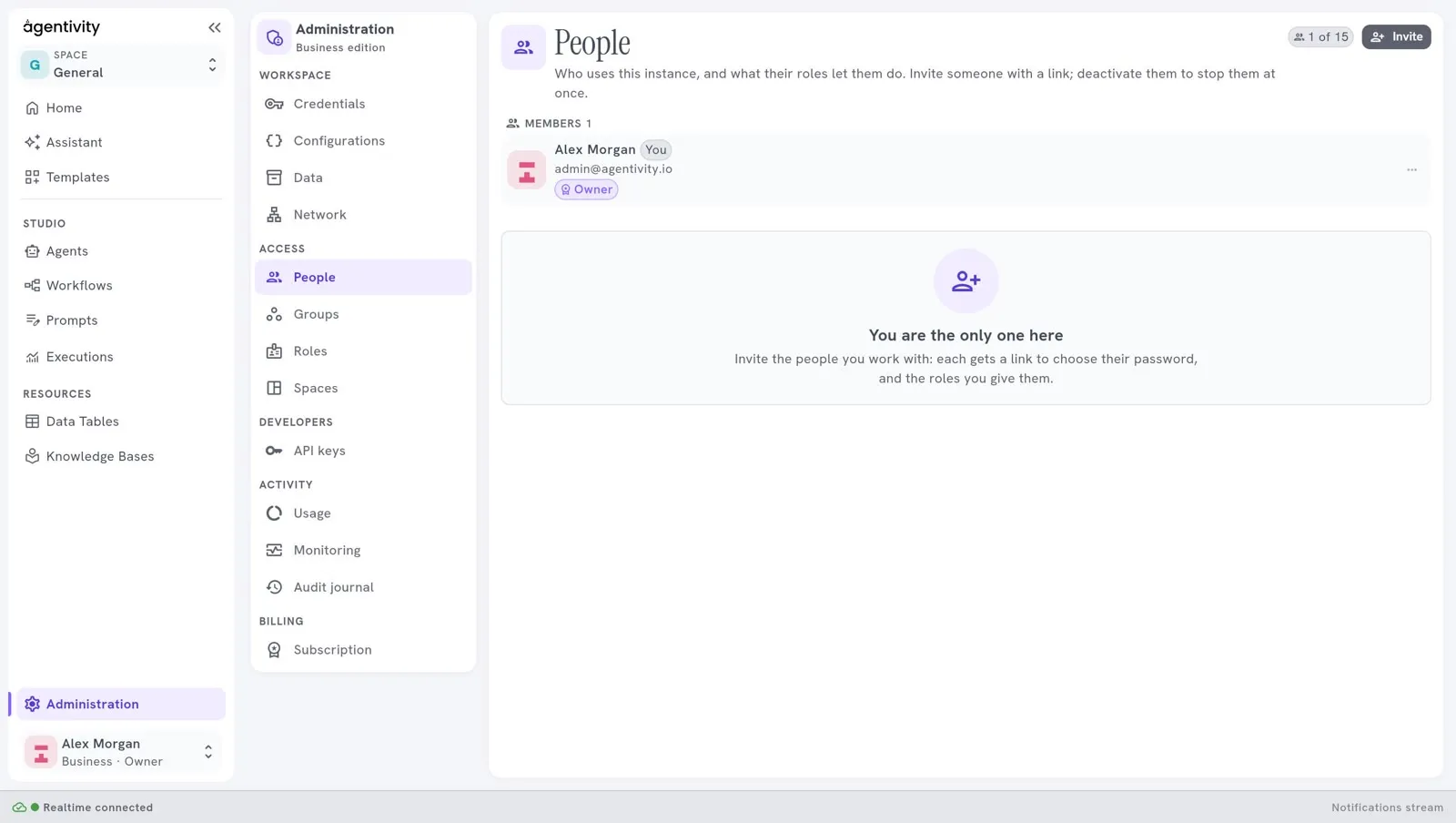 The People pane: one member, the owner, and the message "You are the only one here" with the button Invite