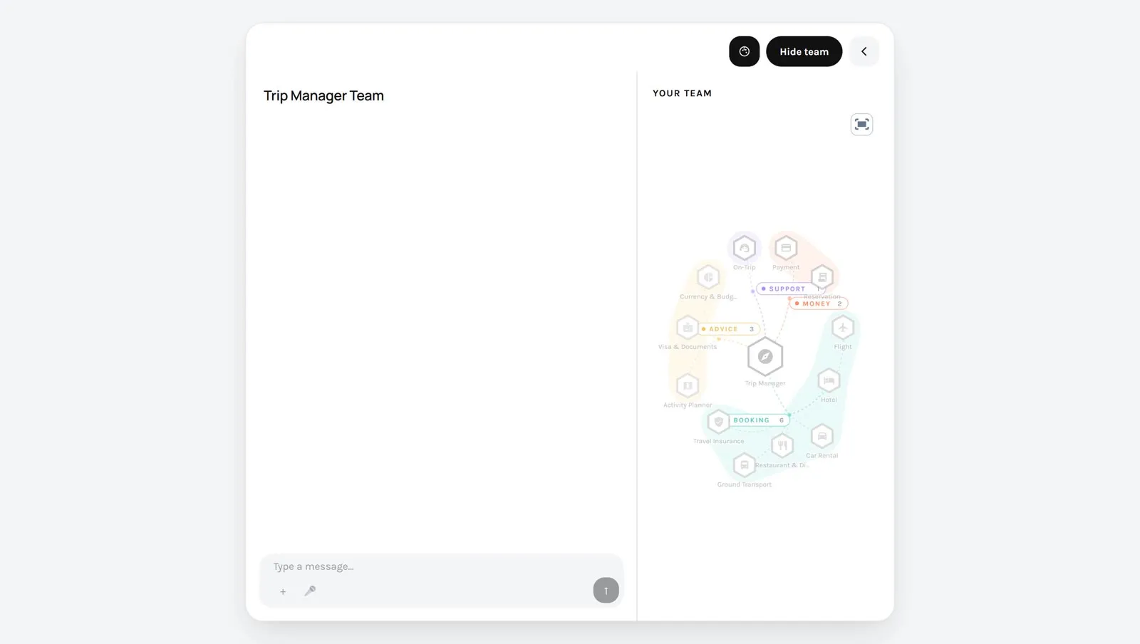 The portal example: the conversation on the left, and the team drawn on the right