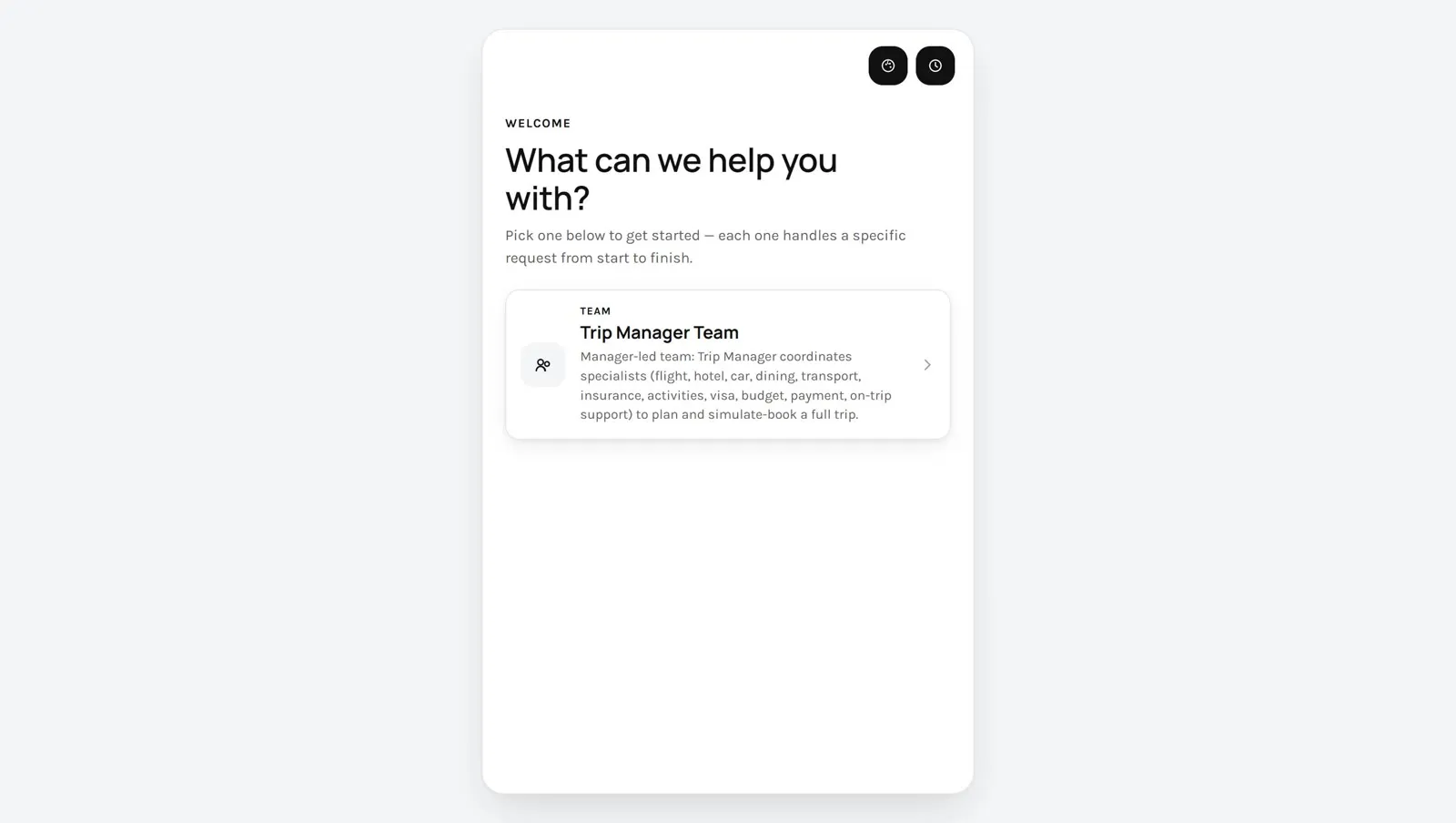 The portal: a welcome screen with one card for the solution Trip Manager Team