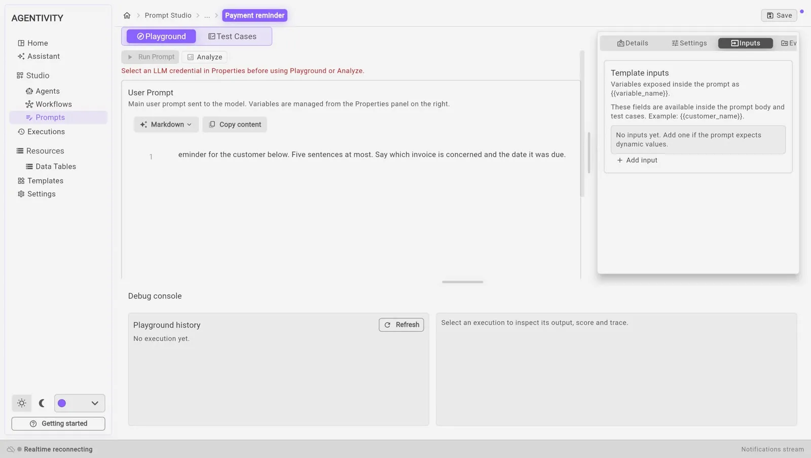 The tab Inputs of Prompt Studio: the title Template inputs, an explanation of how an input is written in the prompt, and the button Add input