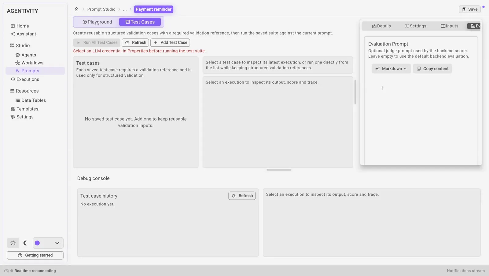 The tab Test Cases of Prompt Studio: the buttons Run All Test Cases, Refresh and Add Test Case, an empty list of test cases, and the history at the bottom