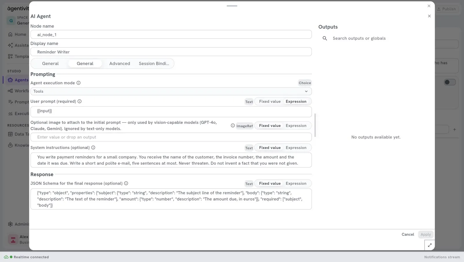 The window AI Agent, tab General: the group Response with the field JSON Schema for the final response (optional), filled in with a format of three fields