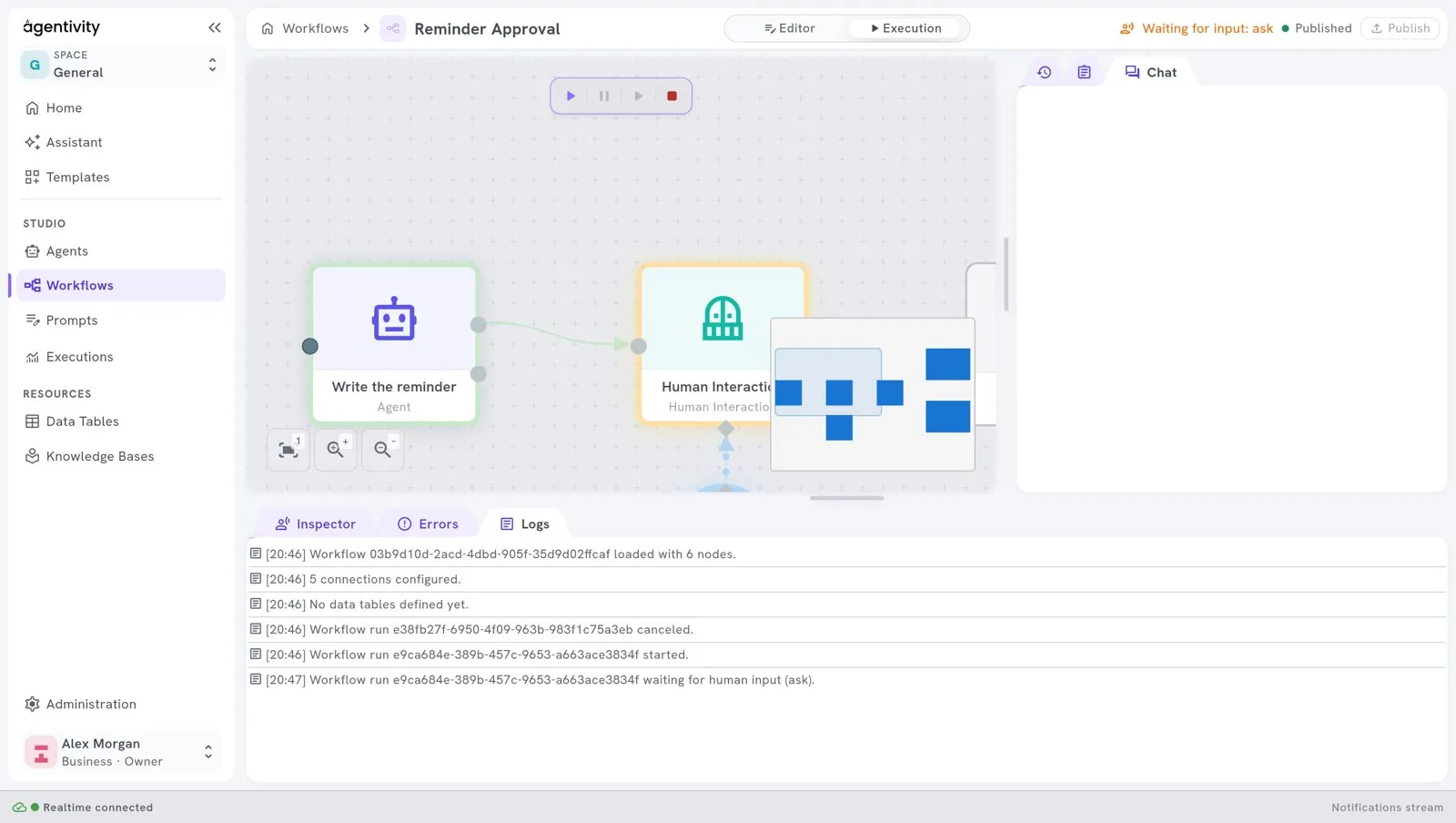 The Execution view of a workflow during an execution: the bar with the buttons Run, Pause, Resume and Stop above the canvas, the state at the top right (here Waiting for input: ask), and the tab Logs with one line per event