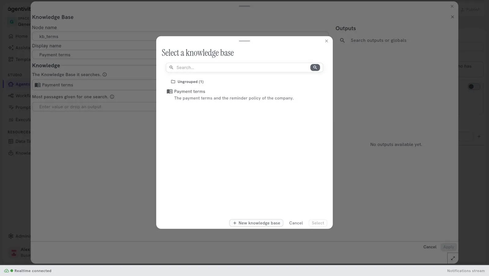 The chooser Select a knowledge base, with the base Payment terms and the button New knowledge base.