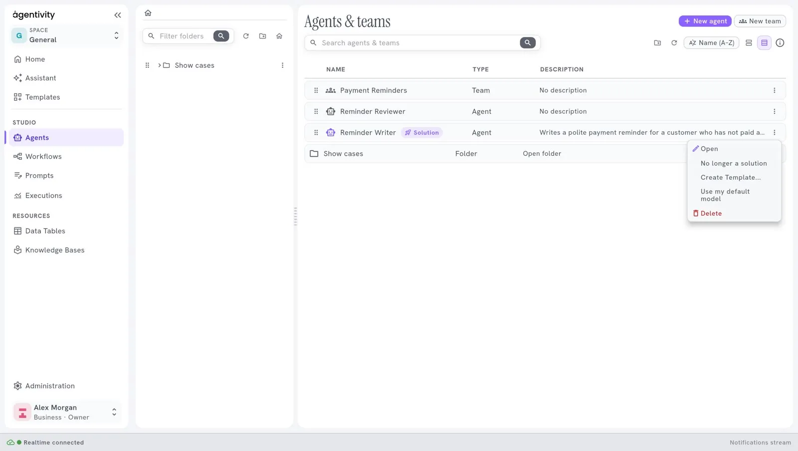 The list of agents: Reminder Writer carries the mark Solution beside its name, and the menu of its row offers Open, No longer a solution, Create Template, Use my default model and Delete