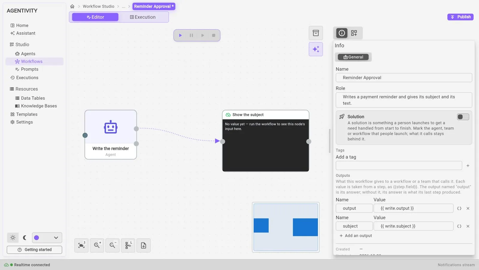 Le panneau Info d'un workflow : Name, Role, puis l'encadré Solution avec son interrupteur, puis Tags