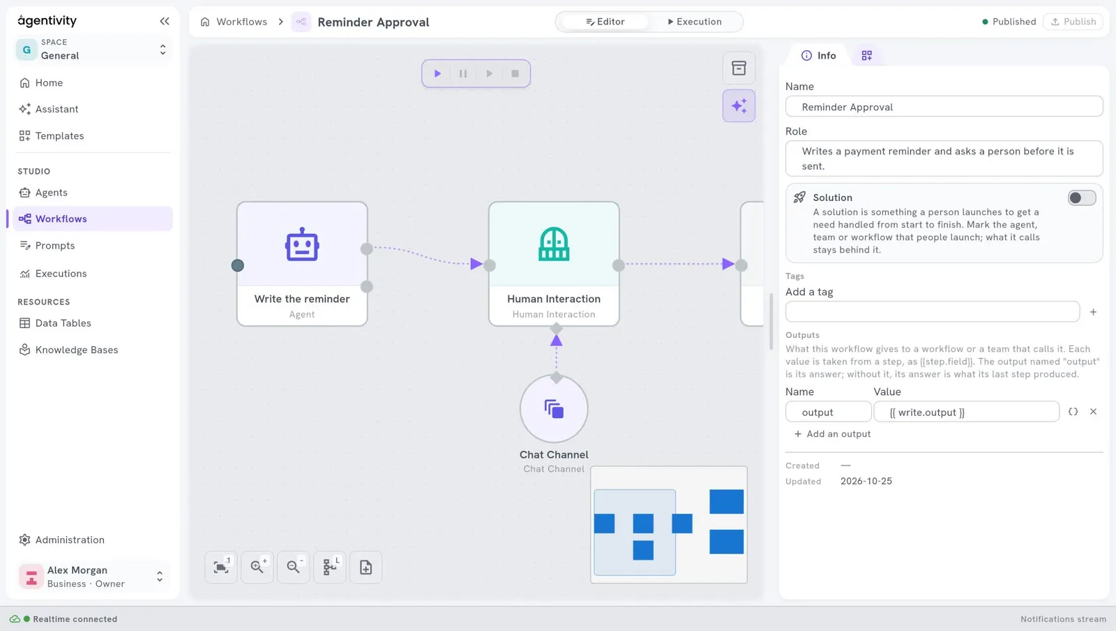The panel Info of a workflow: Name, Role, then the box Solution with its switch, then Tags