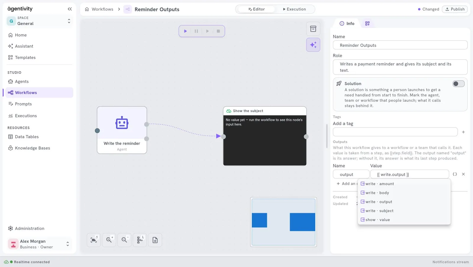 The list opened by the button Take the value from a step: write · amount, write · body, write · output, write · subject and show · value