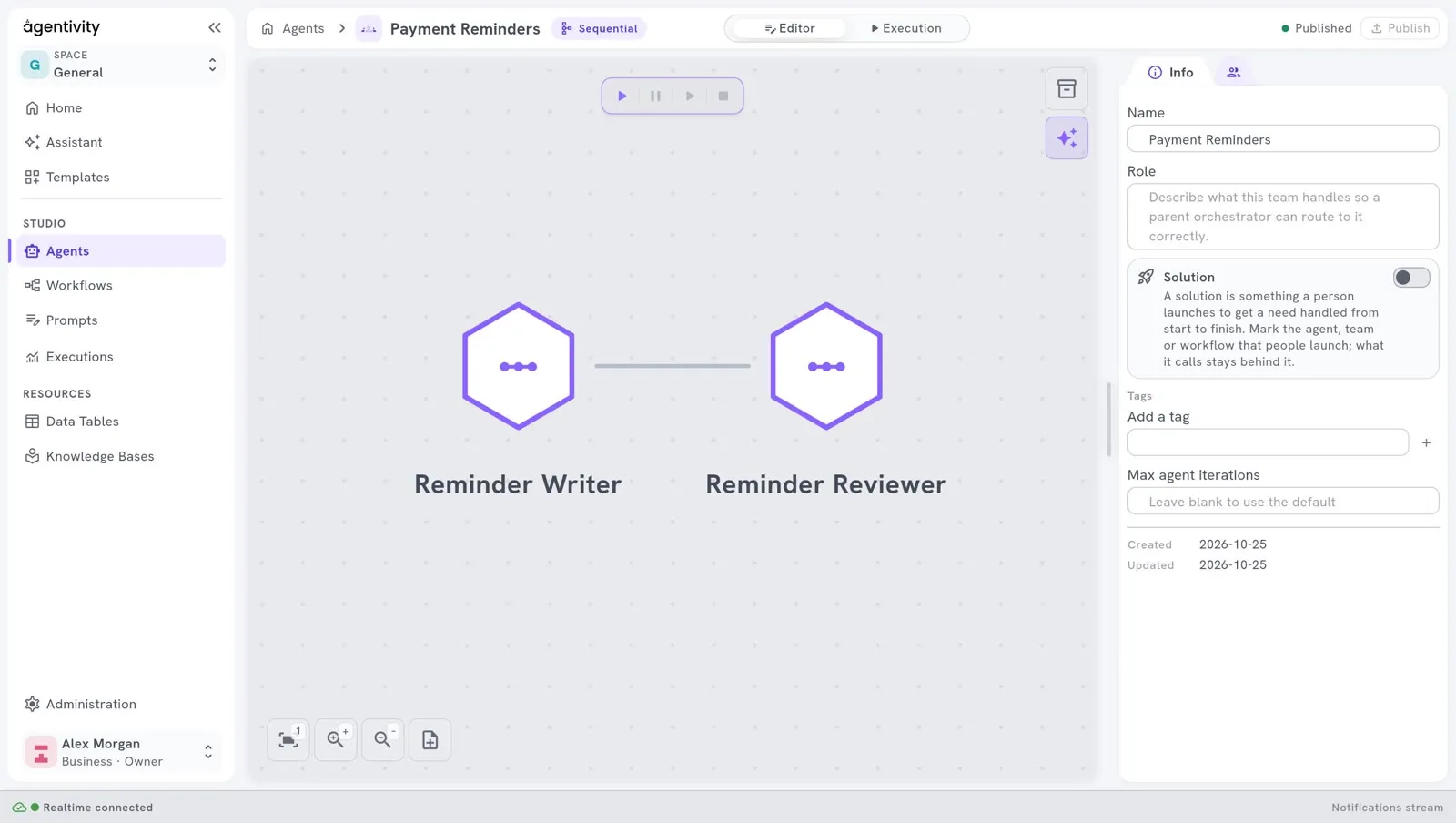 The team editor with two hexagons, Reminder Writer and Reminder Reviewer, joined by a line, the pill Sequential beside the name of the team, and the panel Info on the right
