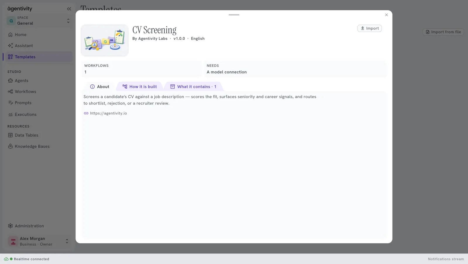 The window of the Template CV Screening: its picture, its name, its author, its version and its language, what it contains and what it needs, and the tabs About, How it is built and What it contains